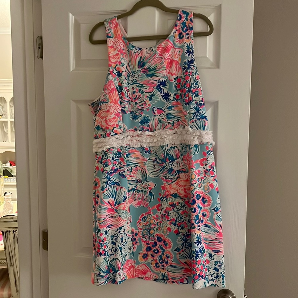 Lilly Pulitzer Aqua Floral Ruffle Trim Sleeveless Dress